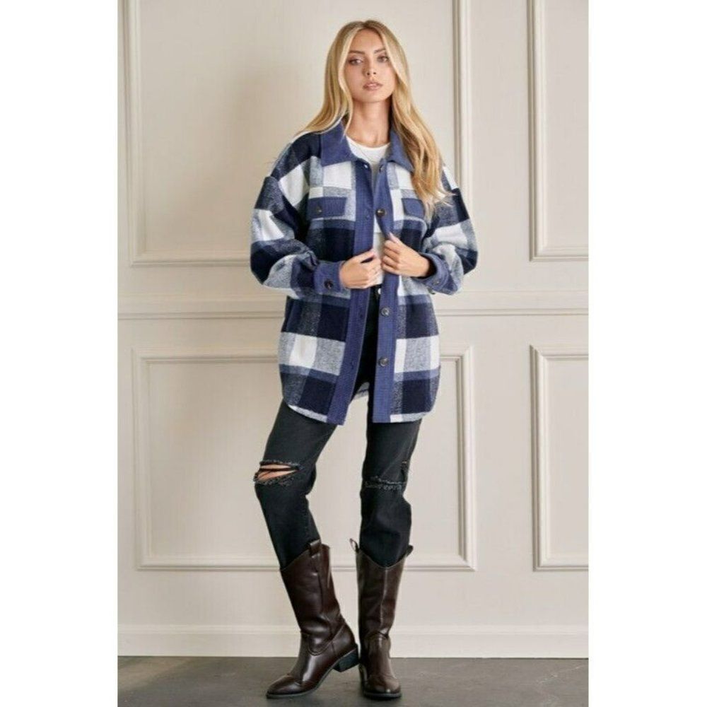 GeeGee Clothing Denim Blue Plaid Button Up Shirt Jacket Shacket  S-L SJ1798 - Picture 5 of 5